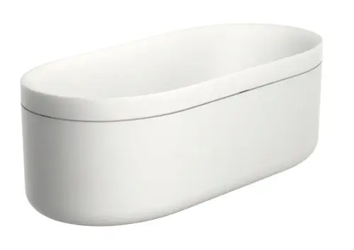Weiße Badewanne von AXOR mit ovaler Form, minimalistischer Gestaltung und glatter Oberfläche, auf heller Fläche dargestellt.
